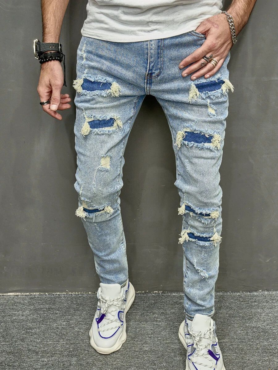 Men's Clothing 2024 New High-Quality Men's Worn-Out Stretch Jeans Skinny Jeans Men's Jeans_viptrois.com
