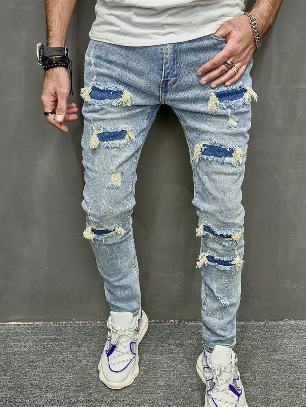 Men's Clothing 2024 New High-Quality Men's Worn-Out Stretch Jeans Skinny Jeans Men's Jeans_viptrois.com