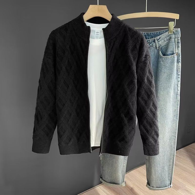 Fashionable Solid Color Knitted Cardigan Diamond Grid Semi High Neck Sweater Casual Men's Jacket_viptrois.com