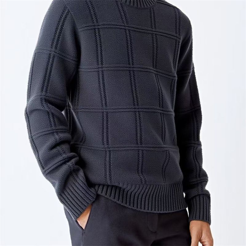 Round Neck Three Dimensional Plaid Sweater Casual Fashion Loose Knitted Solid Color Sweater Men's Knitted Sweater Style Optional_viptrois.com