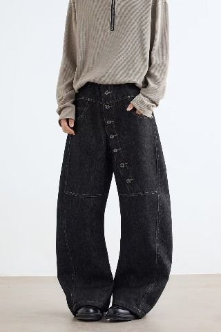 Curved Long Breasted Design Jeans Men's Autumn Popular High Street Loose Wide Leg Mopping Trousers Trend_viptrois.com