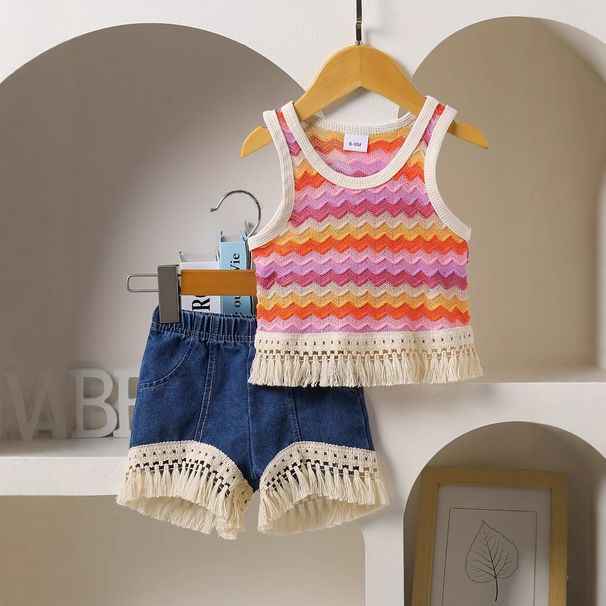 Mother & Kids Baby Girl Fashion Tassel Striped Sleeveless Top Tassel Denim Shorts Two Piece Set Cute_viptrois.com