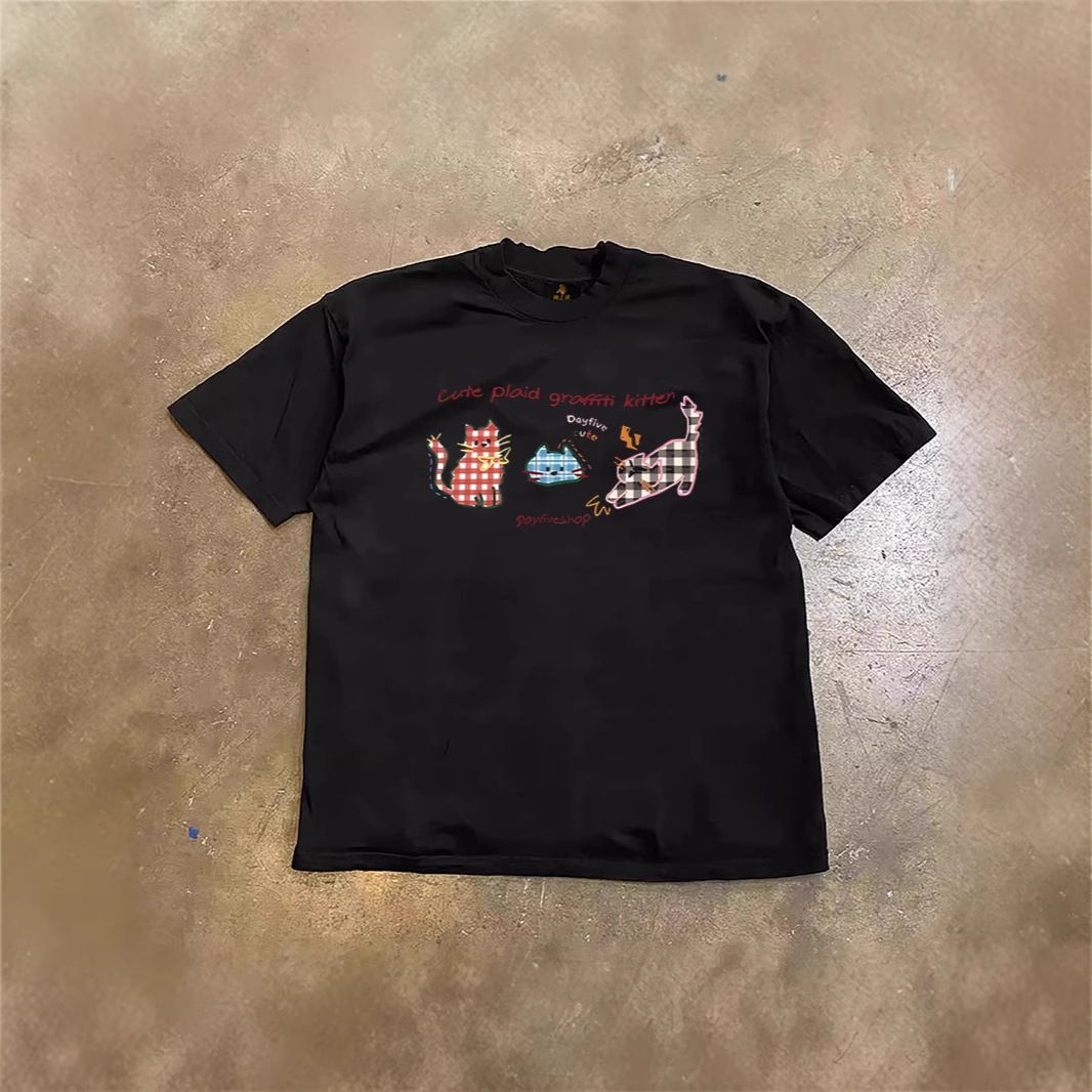 Pure Cotton Oversized T-Shirt Short Sleeved Cartoon Cat Print Loose Fit Abstract Style for Men Couple Top for Women Heavyweight_viptrois.com