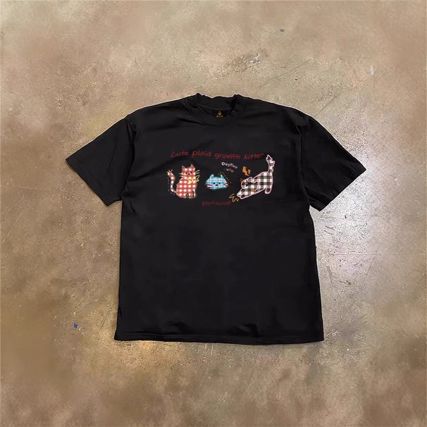 Pure Cotton Oversized T-Shirt Short Sleeved Cartoon Cat Print Loose Fit Abstract Style for Men Couple Top for Women Heavyweight_viptrois.com