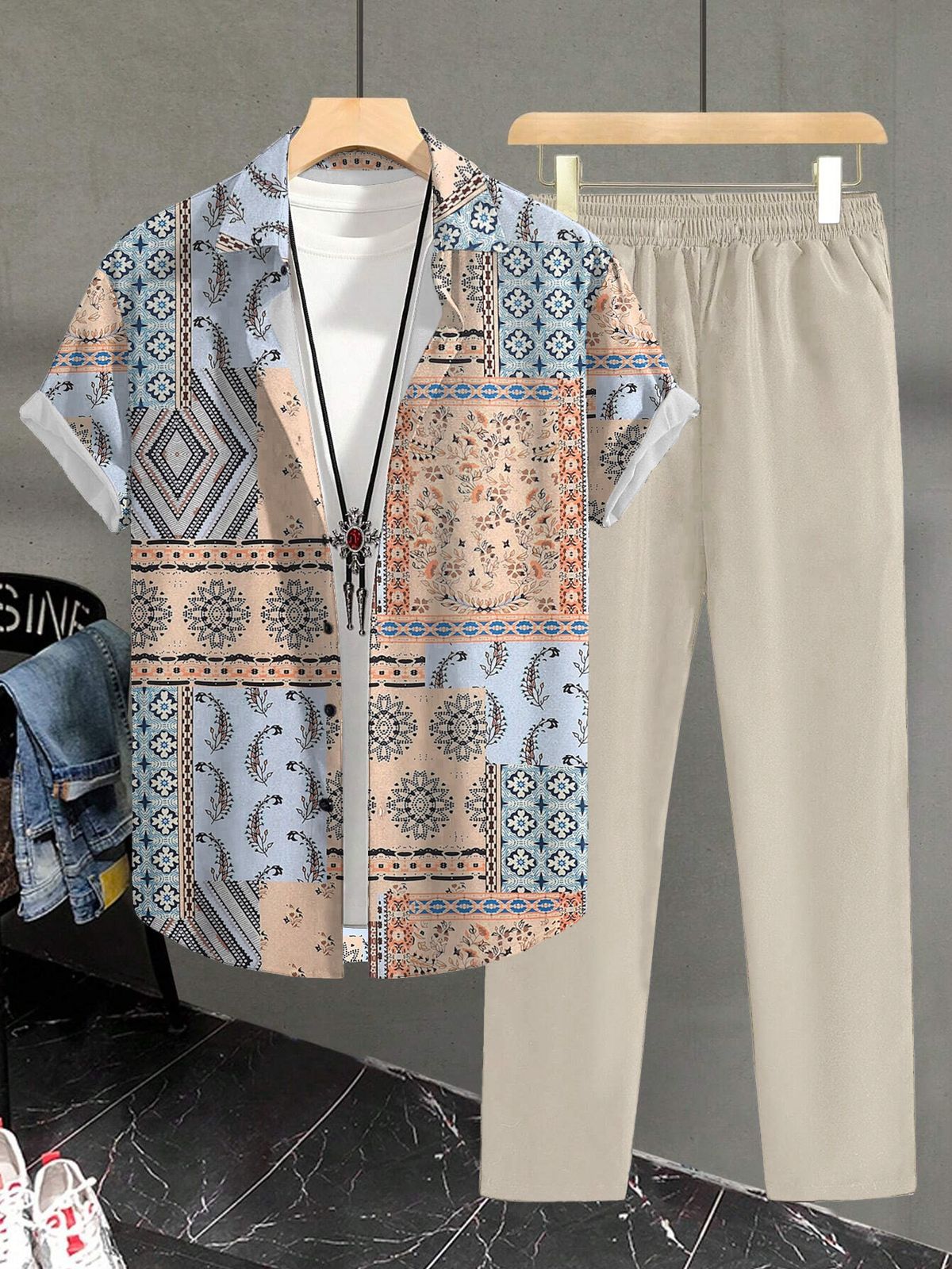 Men's Clothing Beaches And Vacations Printed Shirts And Casual Pants_viptrois.com