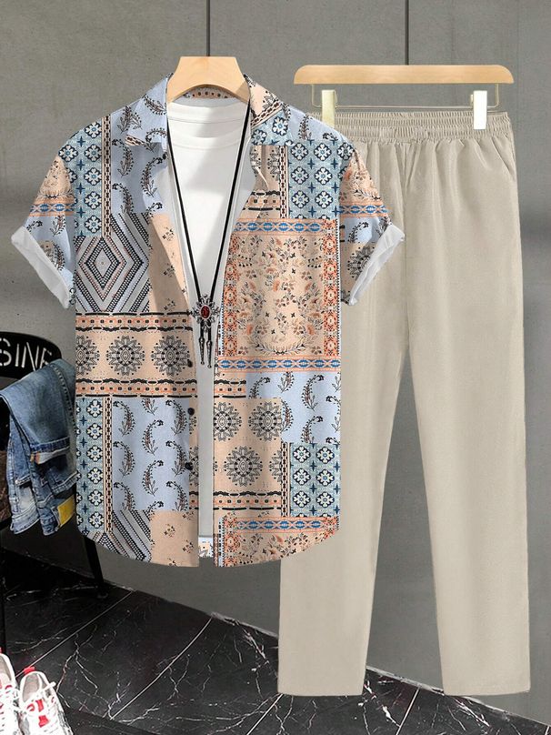 Men's Clothing Beaches And Vacations Printed Shirts And Casual Pants_viptrois.com