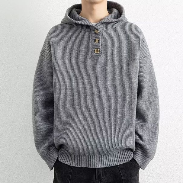 Hooded Sweater Men's Loose Retro Knitted Sweater Men's Style Pullover Semi Open Collar Jacket_viptrois.com