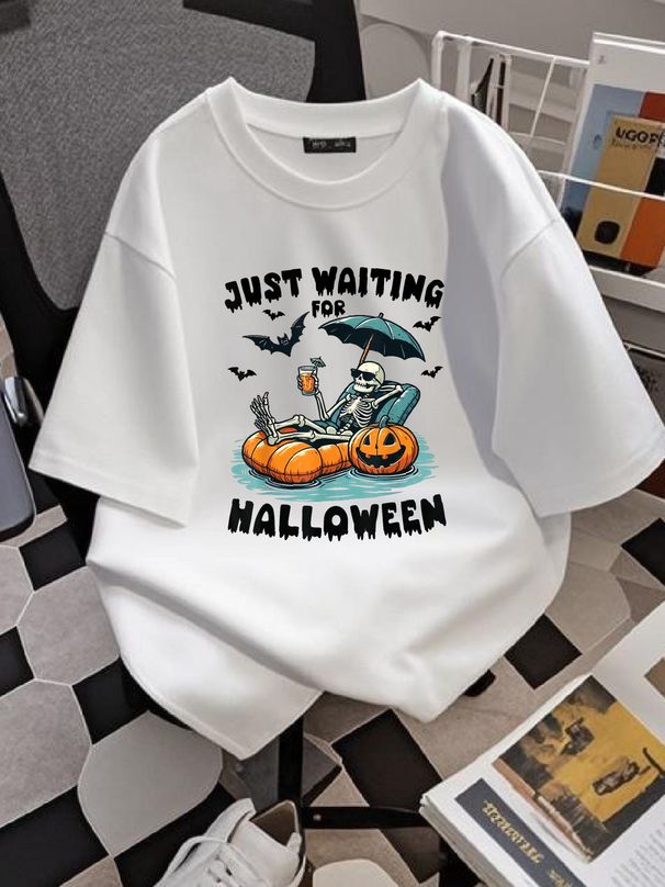 Funny Just Waiting For Halloween Skeleton Spooky Vibe Summer T-Shirt Streetwear Breathable Stylish Graphic Female Slightly Top For Everyday Wear Unisex Comfortable Soft Versatile Women Top Graphic Tees Casual Print Round Neck Short Sleeve Stretched_viptrois.com