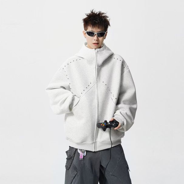 Zipper High Street Men's Autumn And Winter New Design Sense, Willow Nail Zipper Loose Casual Hoodie Jacket_viptrois.com