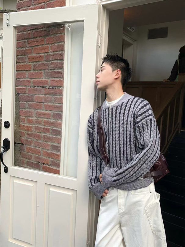 Men's Clothing Retro Color Blocked Striped Cable Knit Zip Up Cardigan Sweater Jacket For Men, New Autumn And Winter Style, Casual And Versatile Top._viptrois.com