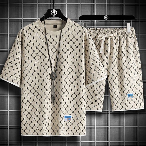 Set Of Men's Fasable Plaid Short Sleeved T-shirt, Summer New Youth Quick Drying Ultra-thin Shorts, Two-piece Set_viptrois.com