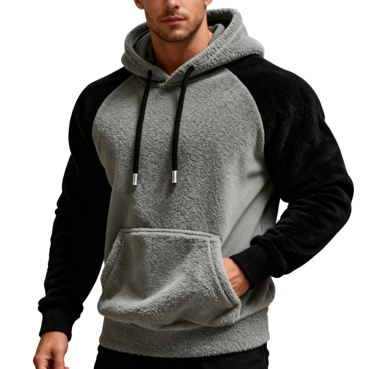 Men's Colorblock Fleece Hoodie – Winter-Ready Polyester Blend With Raglan Sleeves & Contrast Panels (Lightweight, Streetwear Staple, Unisex Fit)_viptrois.com