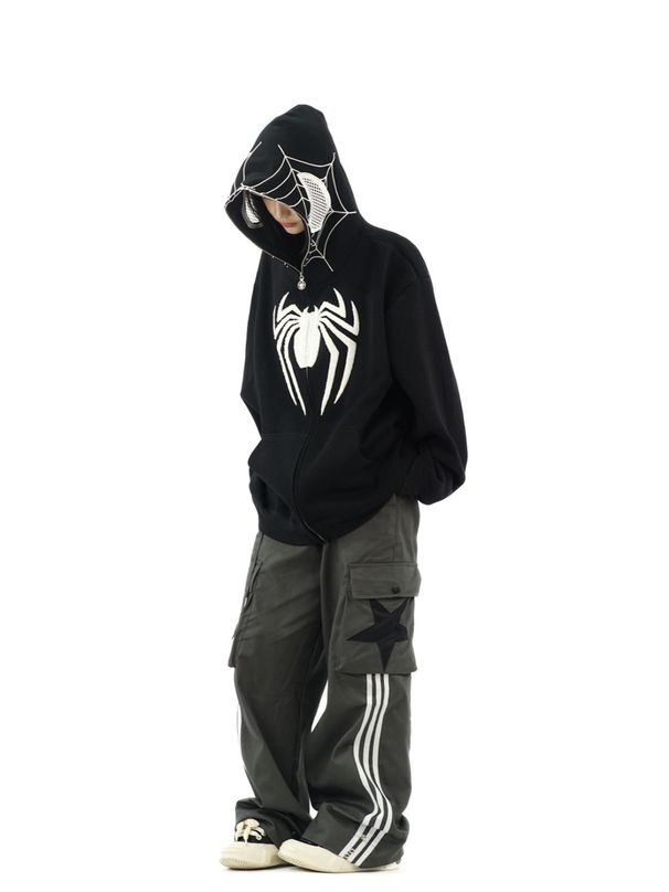 Autumn Dark Unisex Hoodie Gothic Couple Spider-Man Print Zipper Sweatshirt_viptrois.com