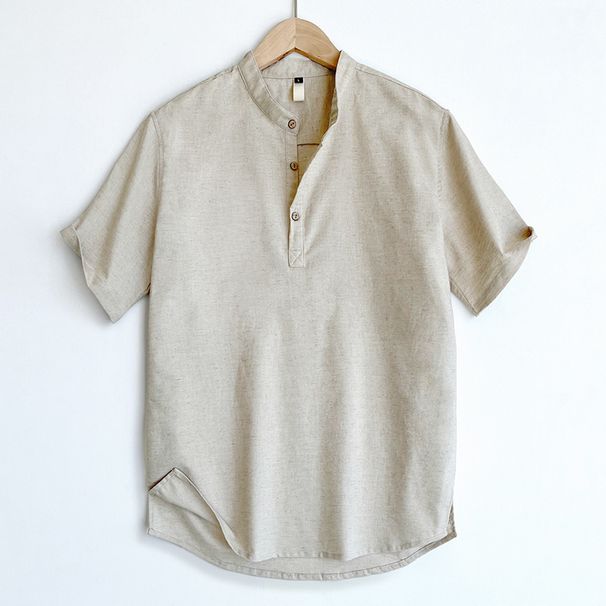 High-end Cotton Linen Short-Sleeved T-Shirt Men's Polo Shirt Linen Men's Clothing Chinese Stand Collar Lightweight Top_viptrois.com