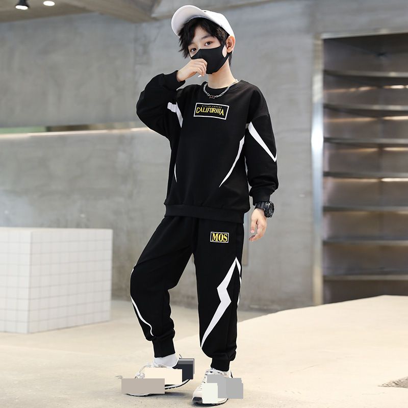 Kids' Clothing new children's stylish sports leisure medium and large children's lightning letter sweatshirt two piece suit_viptrois.com
