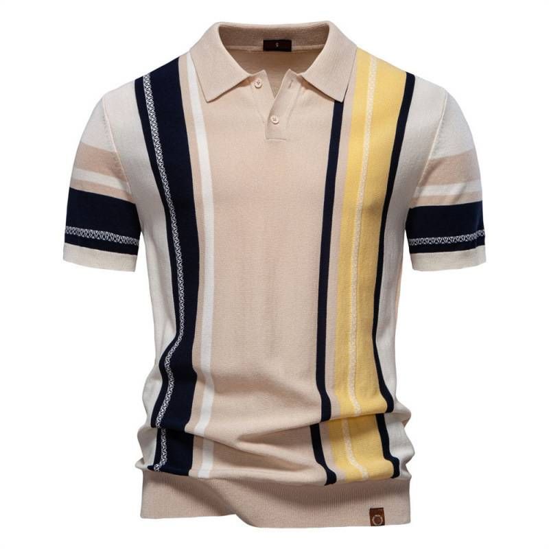 The 2025 Summer New Men's Lapel Short-sleeved Knitted Polo Stripe Patchwork European Size Short-sleeved Shirt_viptrois.com