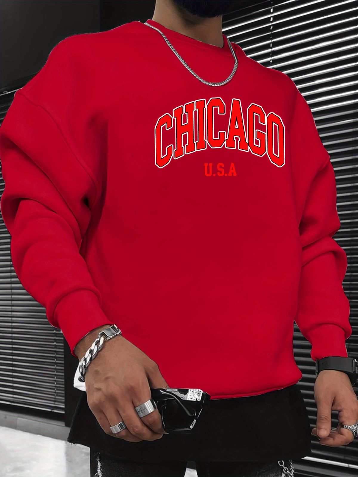 Men's Loose Casual Fashionable Retro CHICAGO USA Pattern Printed Round Neck Long Sleeved Sweatshirt Suitable For Autumn And Winter Wear_viptrois.com