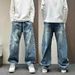 Men's Pleated Wide-Leg Jeans, Curved Hem Loose Fit Denim Pants With Layered Design For Casual Streetwear_viptrois.com