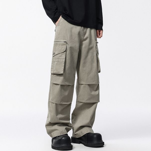 American Paratrooper Workwear Jeans Men's Trendy Brand Pleated Multi-Pocket Straight Pants Loose Versatile Solid Color_viptrois.com