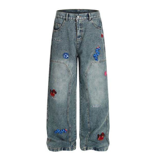 Fun Flocked Embroidery Cartoon Wide-Leg Jeans For Men Trendy Design Sense Personality Loose Straight Long Pants_viptrois.com