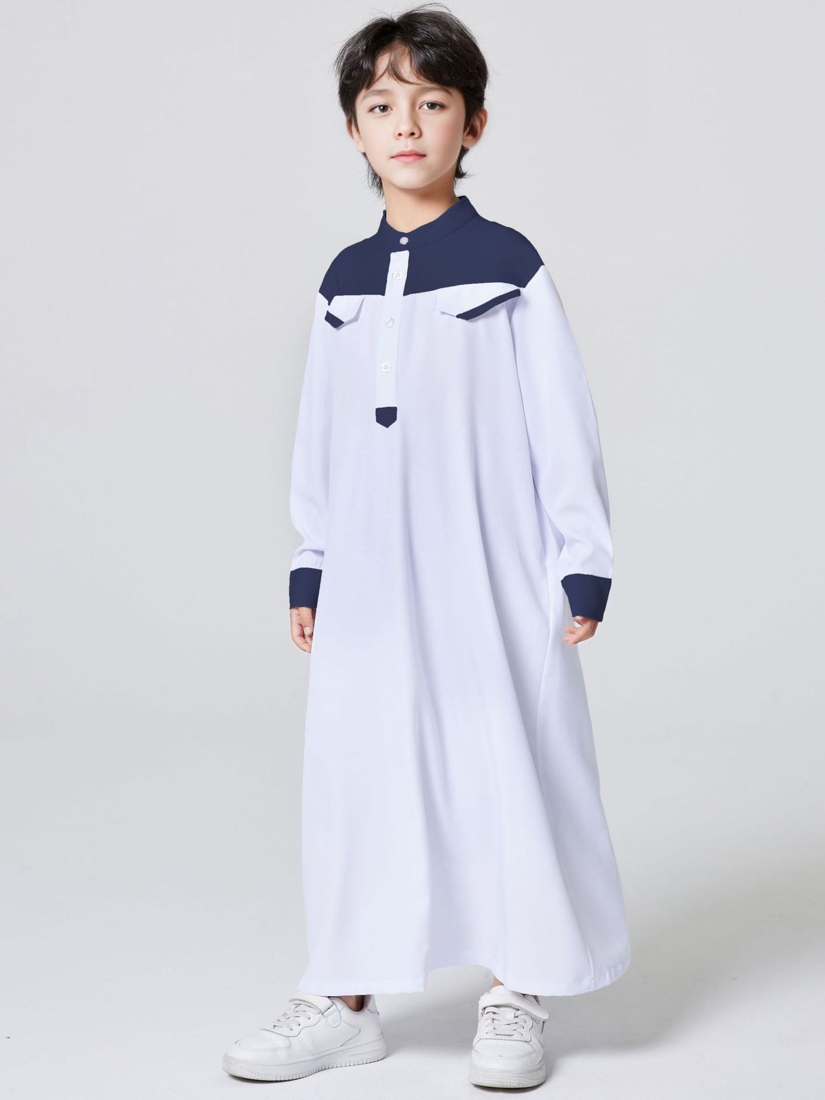 Men's Clothing Middle East Dubai Turkish Boy Robe Door Tube Stitching Stand Collar Button Robe Thobe_viptrois.com
