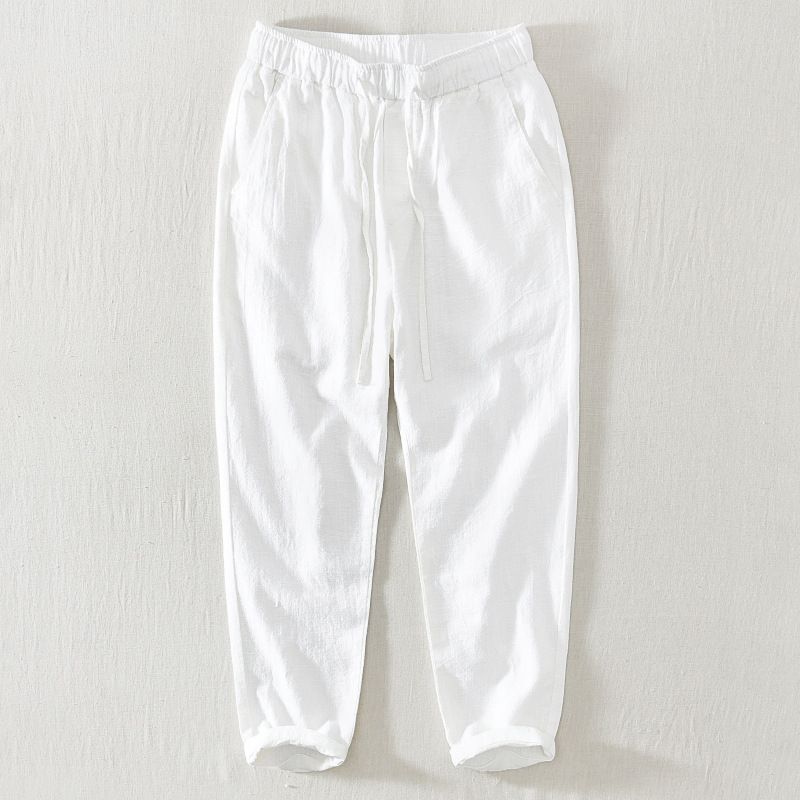 Men's Clothing Cotton And Linen Nine Point Pants Thin Drawstring Elastic Waist Casual Pants Men's Straight Youth Loose Trendy Pants_viptrois.com