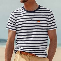 Summer British Men's Large-sized Short-sleeved T-shirt With Striped Printed Round-neck Sports And Fitness Casual Top_viptrois.com