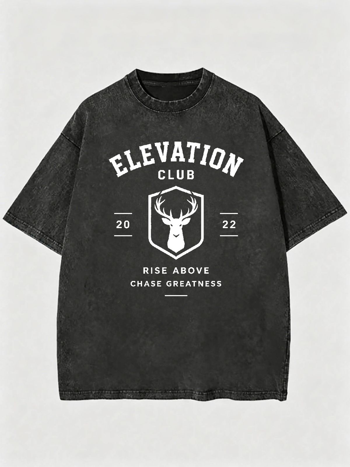 Vintage Washed "ELEVATION CLUB" Deer Graphic 230g Cotton T-Shirt Men's Casual Streetwear Tee_viptrois.com