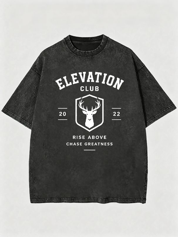 Vintage Washed "ELEVATION CLUB" Deer Graphic 230g Cotton T-Shirt Men's Casual Streetwear Tee_viptrois.com