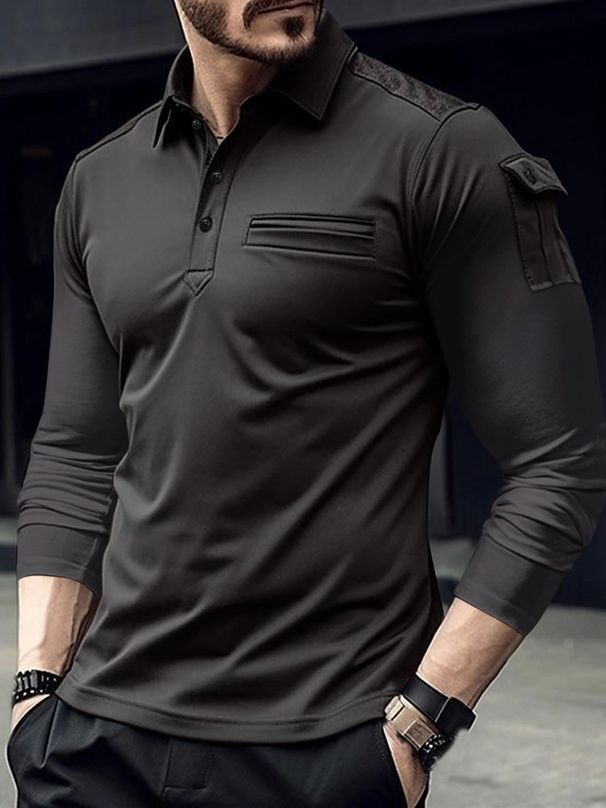 Men's Clothing Spring And Autumn Long Sleeve Men's Polo Shirt Arm Pocket Epaulette Design Muscle Sports Men_viptrois.com