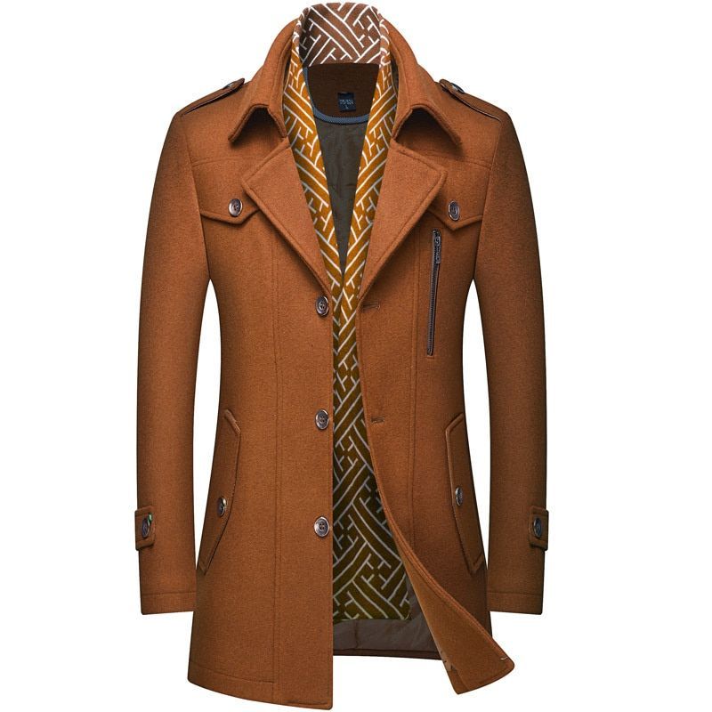 Winter Men's Woolen Coats Fashion Thicken Mid Length Trench Solid Turn Down Collar Warm Outerwear Business Casual_viptrois.com