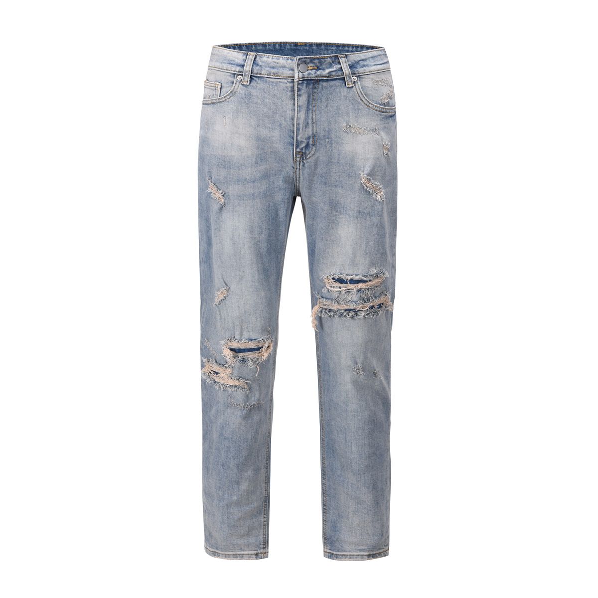 Men's Clothing Retro High Street Fashion Brand Ripped Jeans Straight Slim Fit Casual Trousers_viptrois.com