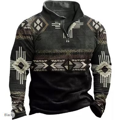 2025d 2025 Long Sleeve Ethnic Style 3D Printed Half Zip Men's Polo Shirt_viptrois.com