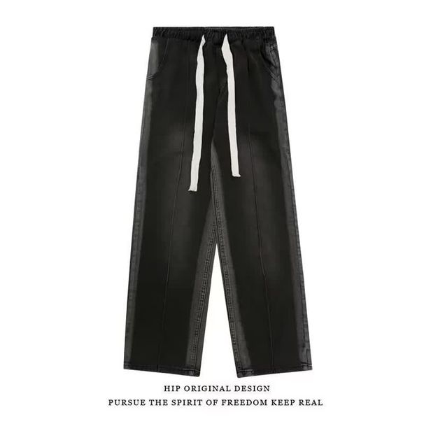 Black Retro Denim Jeans, Trendy High Street Style, Wide Leg, American Style Straight Leg Trousers For Men._viptrois.com
