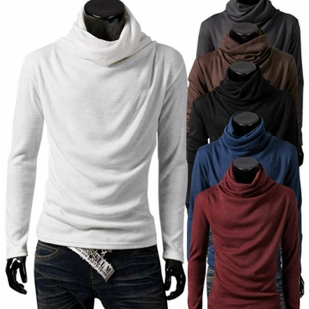 Men's Slim Fit Stacked Neck Knit Tee - Breathable Cotton Blend Long Sleeve Shirt, Minimalist Korean Style Basic Top_viptrois.com