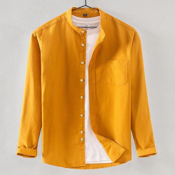 New Stand Up Collar Oxford Spun Long Sleeved Spring And Autumn Casual Pure Color All Cotton Non Ironing Shirt For Men's_viptrois.com