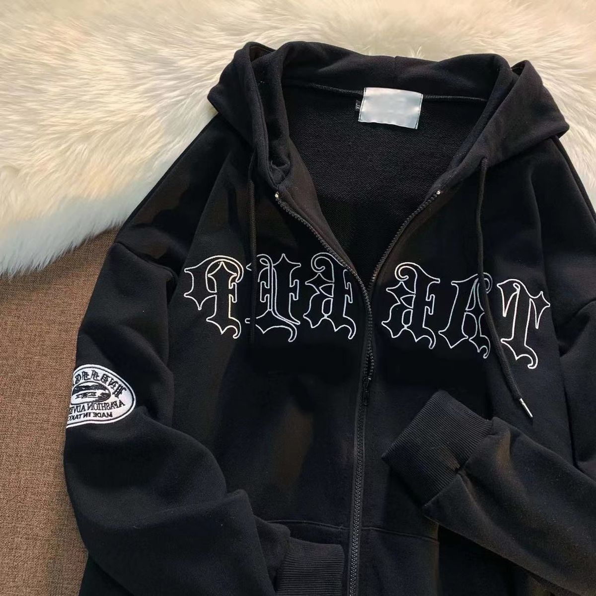 Y2K Embroidered Letter Hoodie 90s Pattern Print Zipper Top Girl Sweatshirt_viptrois.com