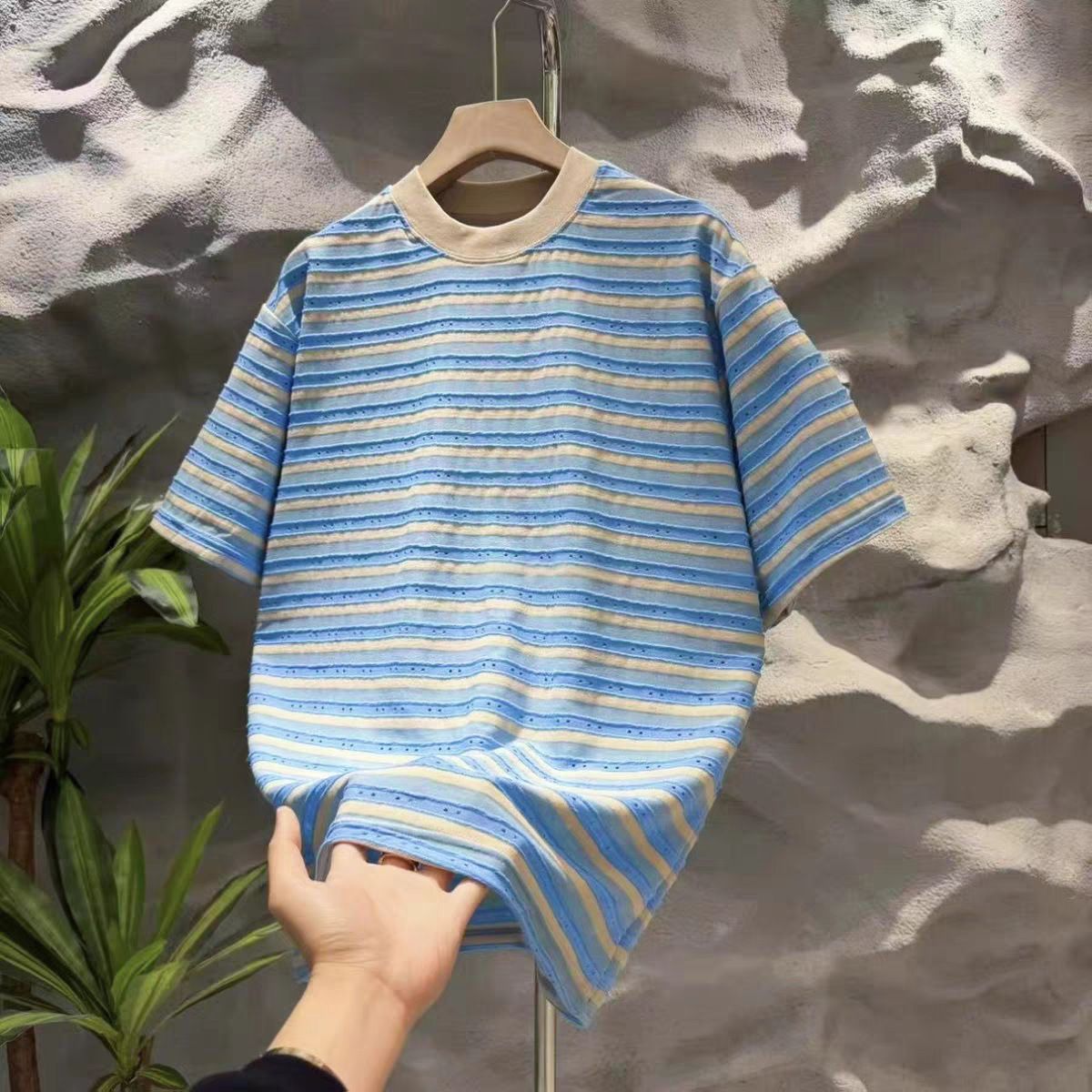 Men's Clothing Men's Summer Casual Striped T-Shirt Minimalist Distressed Short Sleeve Round Neck High Street Style Versatile Fashionable Top_viptrois.com