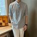 Summer Stand Collar Striped Short Sleeved Shirt For Men 25 Years New Style Light Mature Style Light And Simple Seersucker Mid Sleeve Shirt Trend_viptrois.com