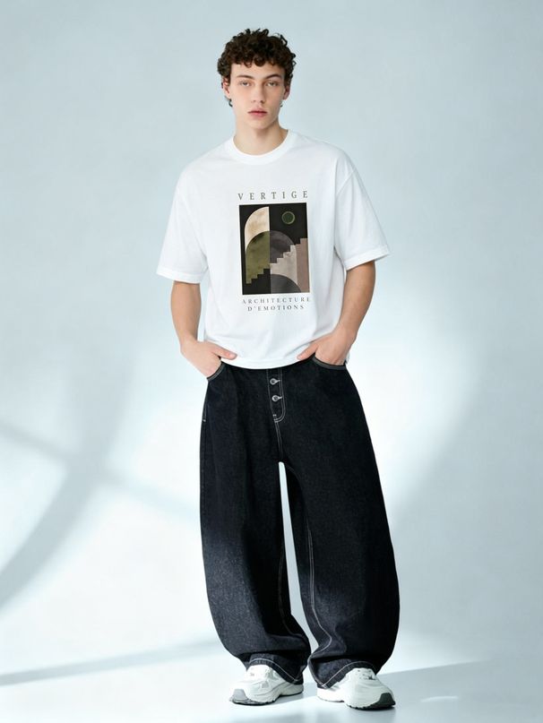 European Style Men's Short Sleeve T-Shirt, Abstract Geometric VERTIGE Print, Casual Round Neck Streetwear Tee_viptrois.com