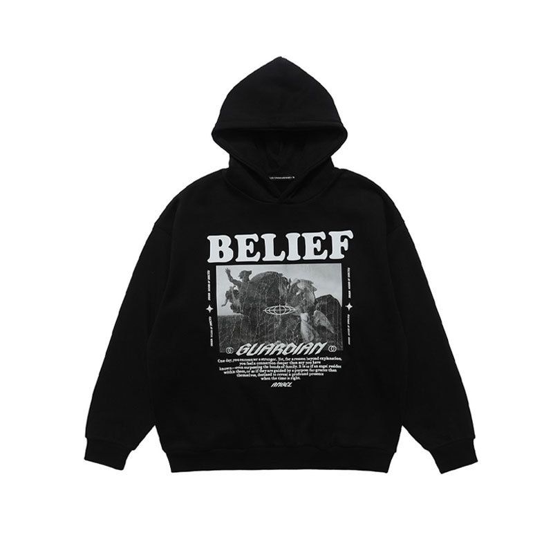 American High Street Style Distressed Oil Painting Print Fleece-lined Autumn And Winter Hooded Sweatshirt, Trendy_viptrois.com