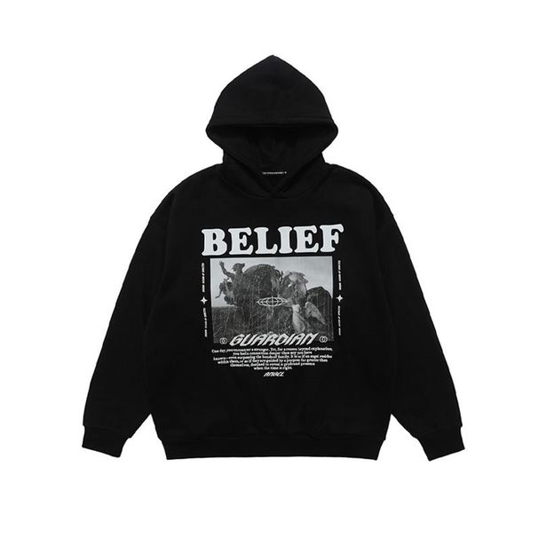 American High Street Style Distressed Oil Painting Print Fleece-lined Autumn And Winter Hooded Sweatshirt, Trendy_viptrois.com