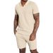 Men's Clothing Summer New Waffle V Neck Men's Short Sleeved Shorts Two Piece Lapel Polo Men's Suit_viptrois.com