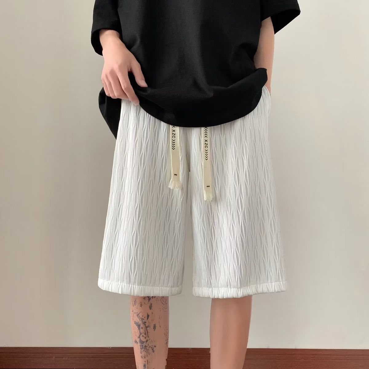 Men's Clothing Textured Ice Silk Pants Men's Summer Thin New Straight Pants Trendy Brand Drape Korean Version Loose Casual Shorts_viptrois.com