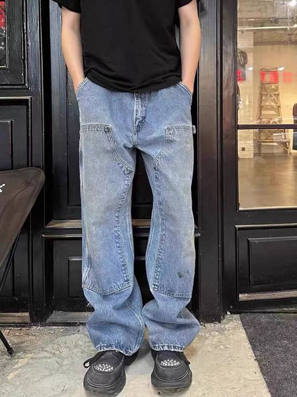 Men's Clothing Washed Jeans Cleanfit Workwear Loose Straight Logging Pants_viptrois.com