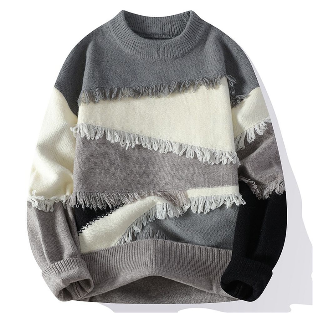 2026 Fashion Knitwear Pullovers Men Acrylic Round Collar Jacquard Splicing Long Sleeve Casual Thick Sweater_viptrois.com