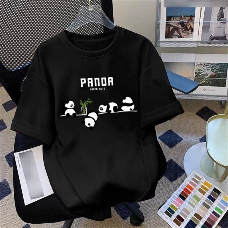Women's Panda Print T-Shirt - Soft Breathable Cotton Short Sleeve Tee, Oversized Casual Top With Cute Animal Design, Loose Fit T-Shirt For Summer_viptrois.com