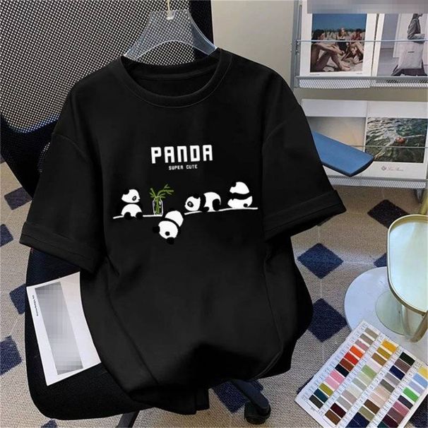 Women's Panda Print T-Shirt - Soft Breathable Cotton Short Sleeve Tee, Oversized Casual Top With Cute Animal Design, Loose Fit T-Shirt For Summer_viptrois.com