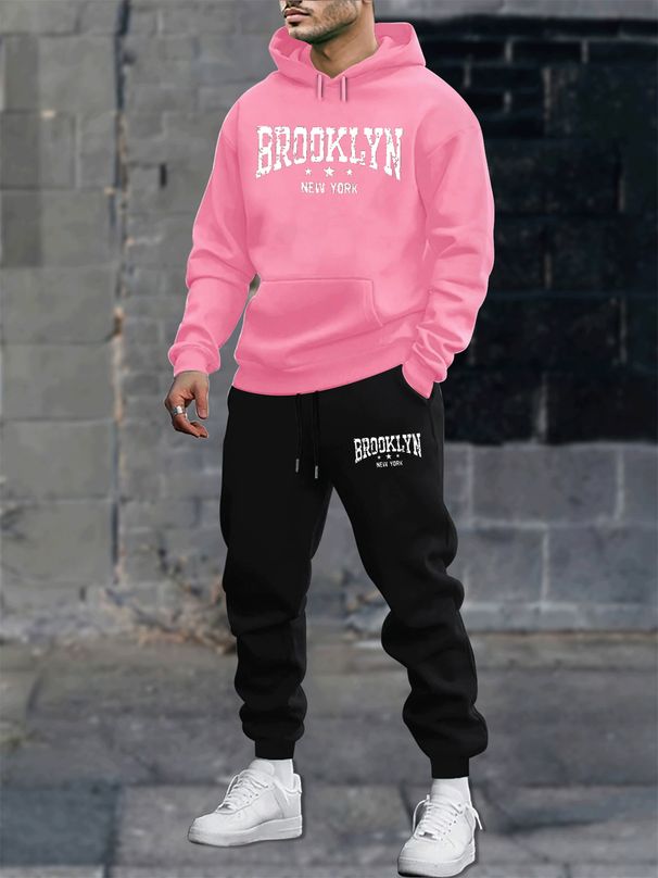 Men's Autumn And Winter Casual Fashion Brooklyn Letter Print Loose Suede Thick Hooded Sweatshirt+sports Pants Set_viptrois.com