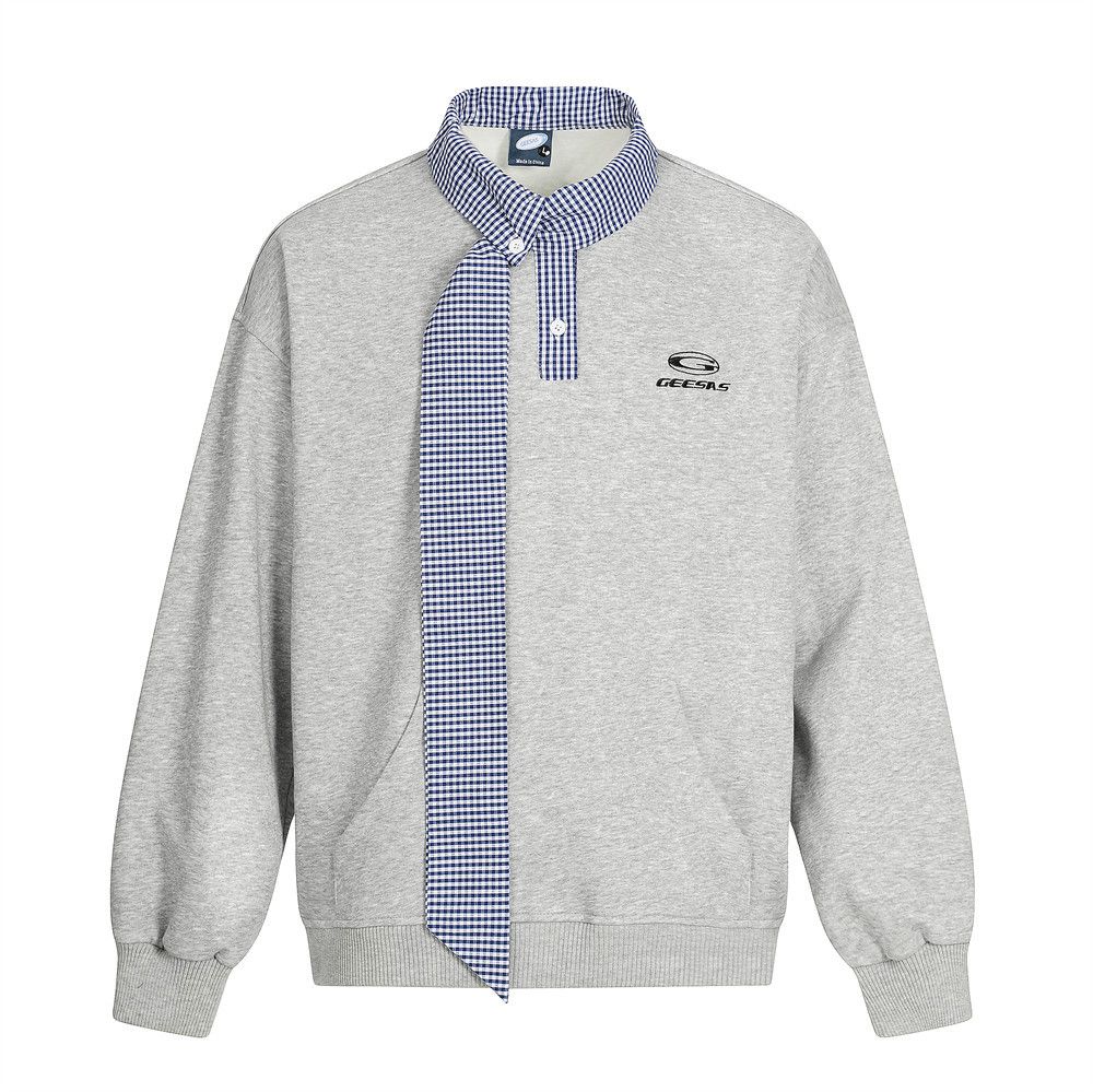 High Street Design Sweatshirt Men's Vibe Trendy Brand Amican Plaid Color Block Stand Collar Lace-up Long Sleeve_viptrois.com